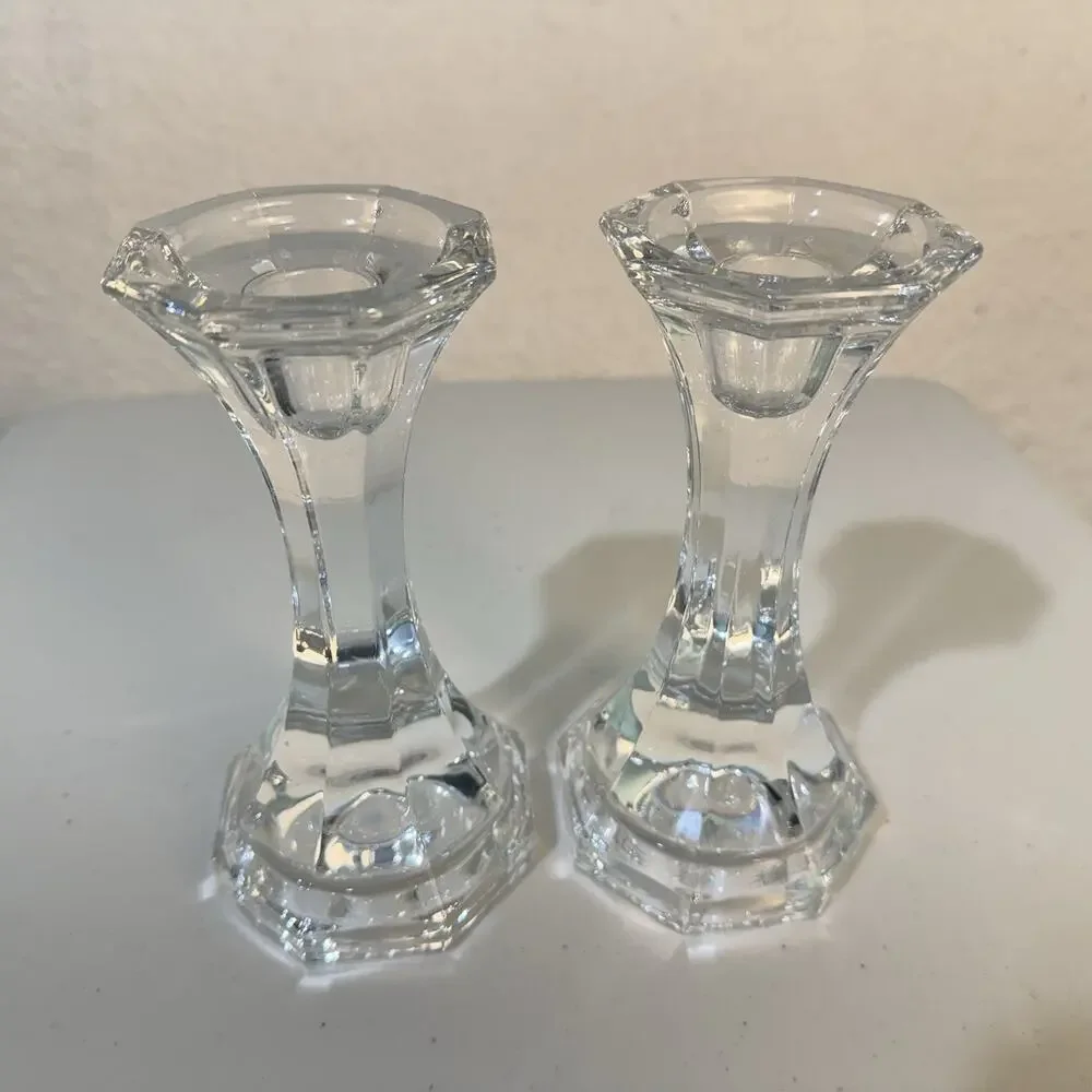 VTG Crystal Clear Glass Candle Holder 6.5” Tall Candlesticks Pair Set Japan Made
